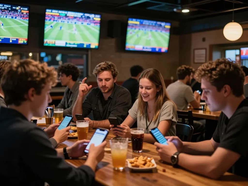 A sports betting crowd engaging with kèo nhà cái while watching live games on multiple screens in a vibrant sports bar