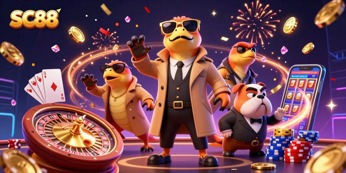 Experience seamless gaming with SC88 app featuring raptors disguised in a casino.