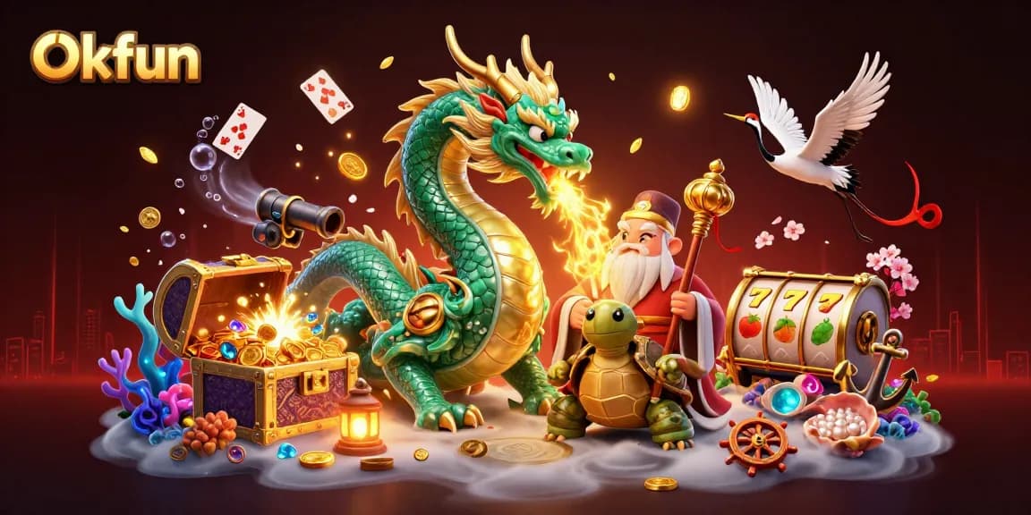 Okfun showcases a vibrant 3D casino scene with a jade dragon and dynamic game elements featuring slots.