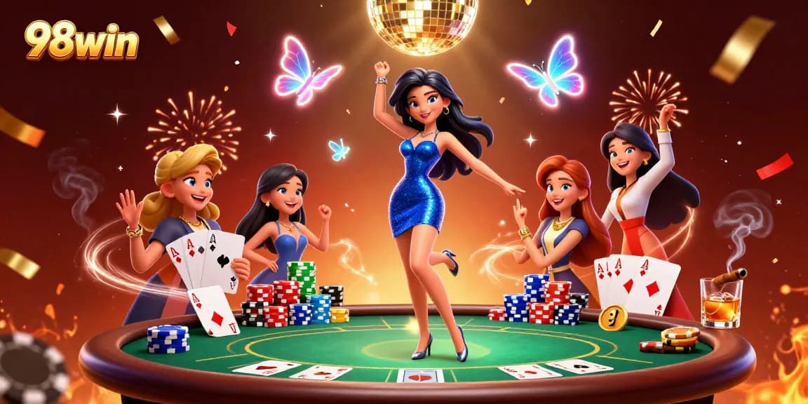 Engage in the thrilling casino adventure with 98win, showcasing a vibrant 3D scene of exhilarating gameplay.
