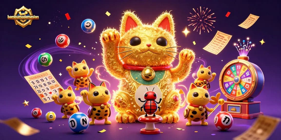 bambumodernasian showcases vibrant lottery action with a lucky cat, colored balls, and sparkling confetti.