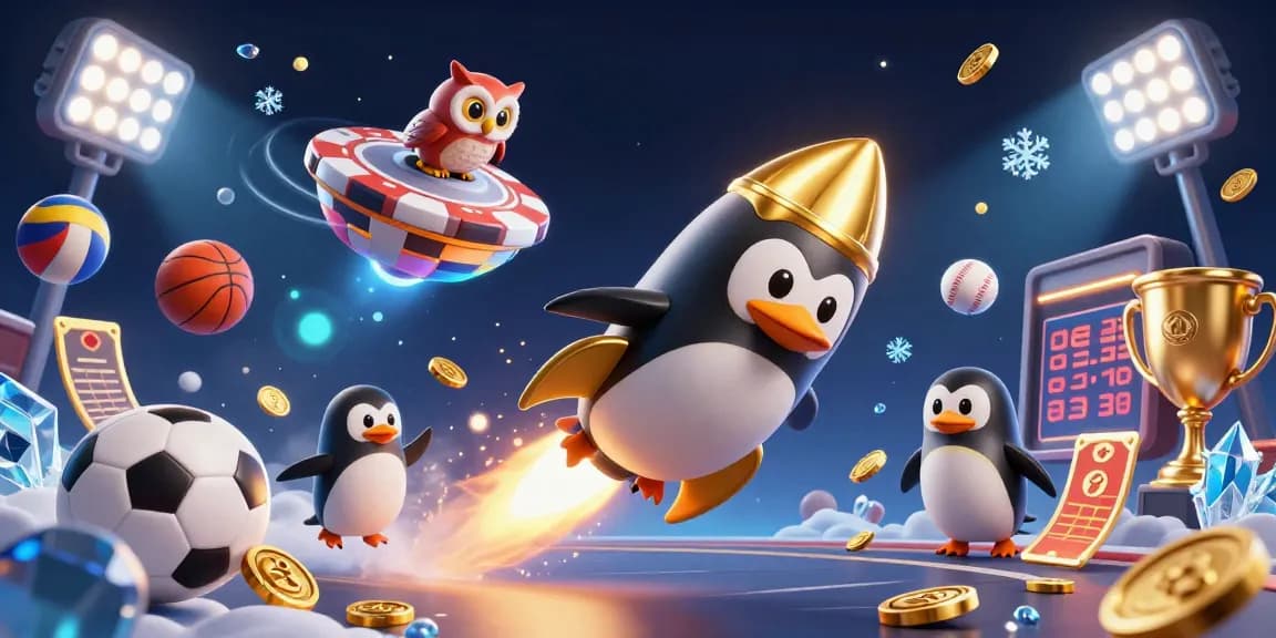Engage in thrilling gambling adventure with 23win, featuring a golden penguin character in a vibrant casino illustration.