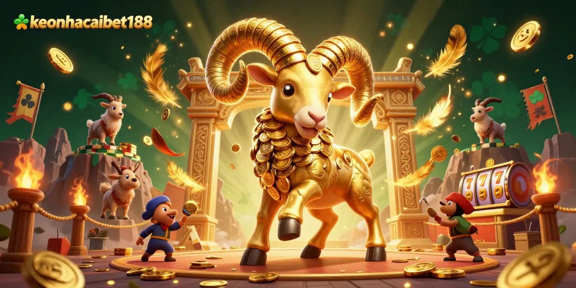 Experience the excitement of keonhacaibet188 with a dynamic casino scene featuring a golden ram and slot machines.