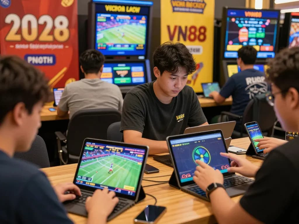 Engaging scene of users playing on VN88 online betting platform with multiple devices