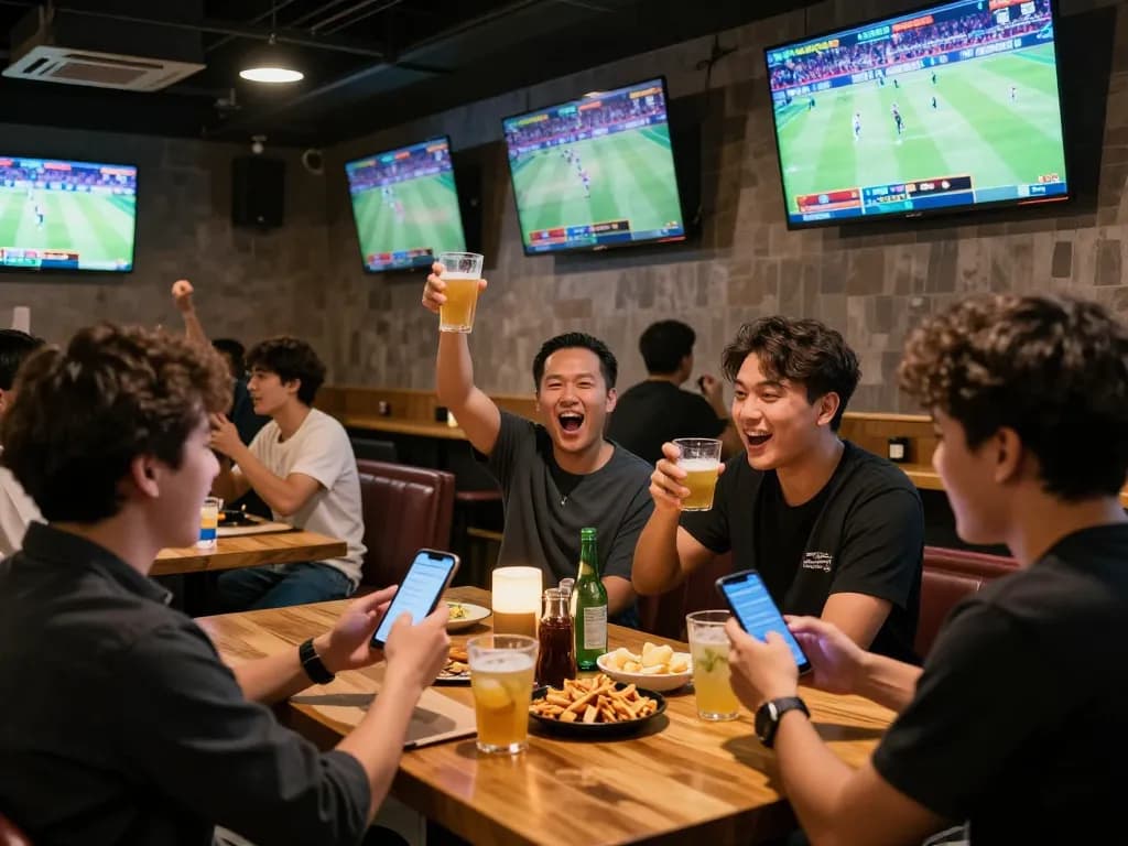 Excited sports fans engage in betting on Fun88 at a lively sports bar, showcasing a vibrant betting atmosphere.