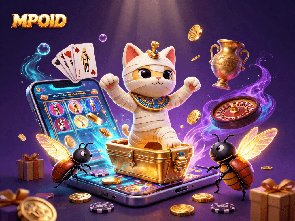 Experience thrilling gameplay with MPOID, featuring a lively Egyptian mummy cat and a glowing scarab in a vibrant casino scene