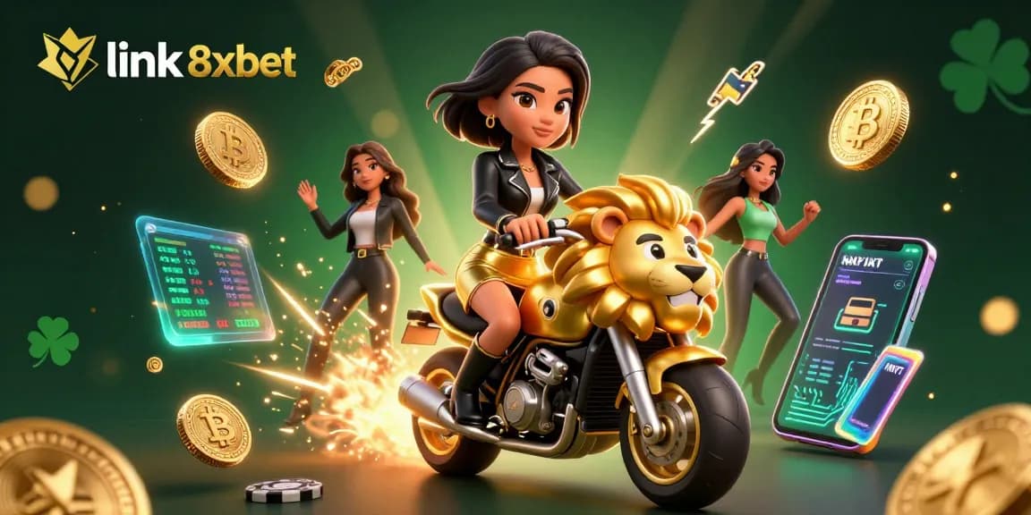 Experience thrilling wins with link 8xbet as you join the glamorous 3D scene of an Asian woman riding a golden lion mascot.