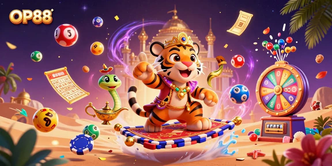 Experience the magic of OP88 with vibrant lottery balls and a tiger sultan in a dynamic casino adventure.