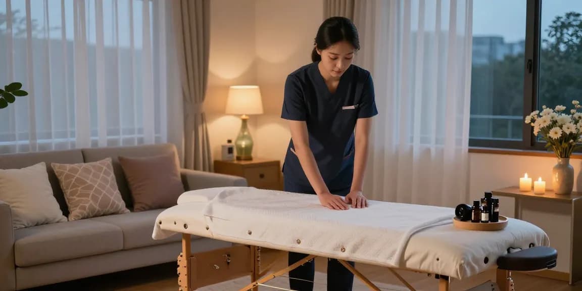 Comfortable and serene living room setup for 안양출장안마 service with therapist and massage essentials.