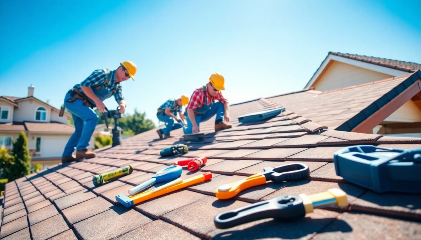 Roofing company team actively installing roofing shingles on a residential home.