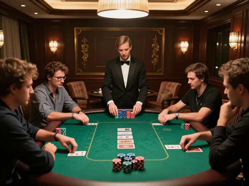 Engaged players strategizing at a high-stakes poker table in an upscale casino, showcasing Surebetsg atmosphere.