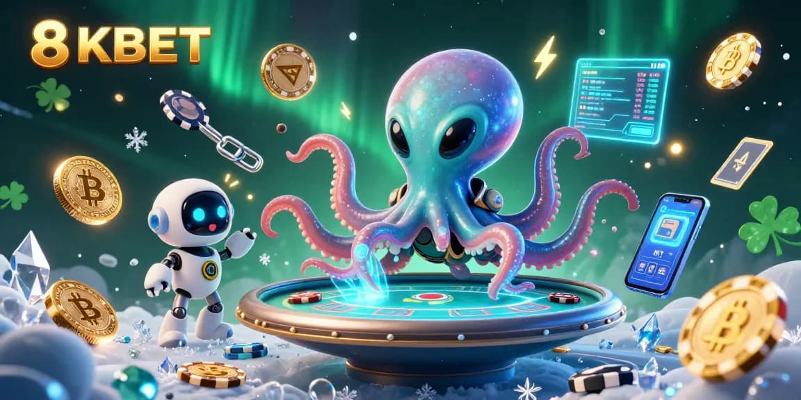 Engage with thrilling poker action at 8KBET, featuring an octopus dealer and orbiting neon chips.