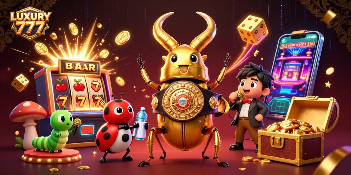 Permainan LUXURY 777: ilustrasi 3D menarik dengan karakter kasino dan slot memukau.