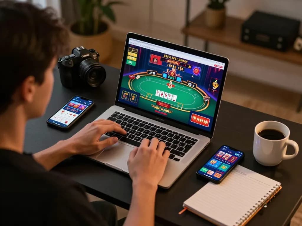 Player engaging in dynamic online gaming at 32win using laptop for poker, showcasing strategic gameplay.