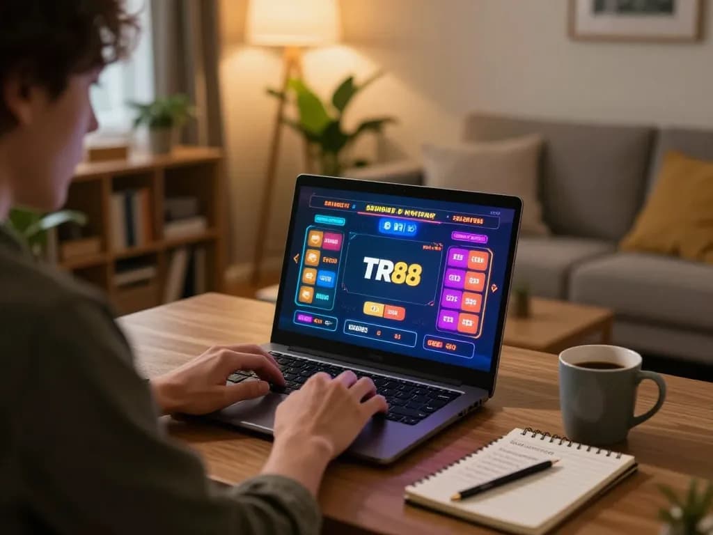 Player engaging with TR88 on laptop, showcasing a colorful casino game interface in a cozy home setting