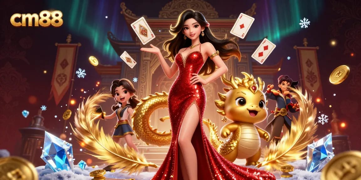 Experience thrilling games with cm88 in a vibrant casino scene featuring a stunning Asian woman.