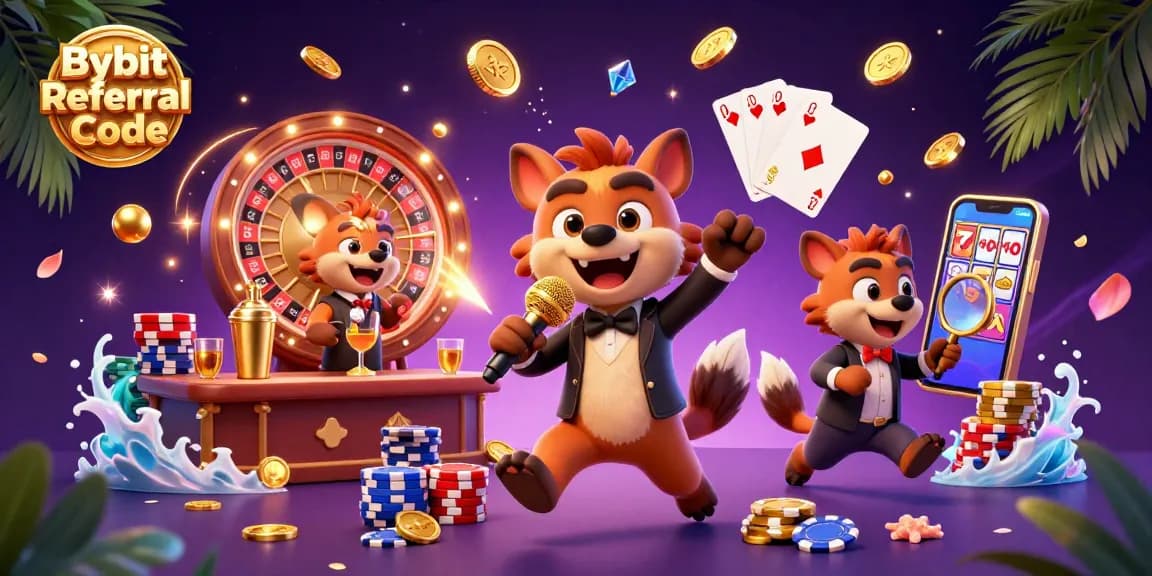 Engage with the Bybit Referral Code and unlock vibrant casino rewards in this lively hyena-themed illustration.