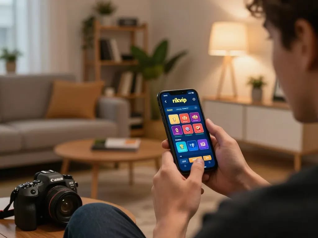 Users enjoy strategic betting on rikvip through a smartphone in a cozy home atmosphere.