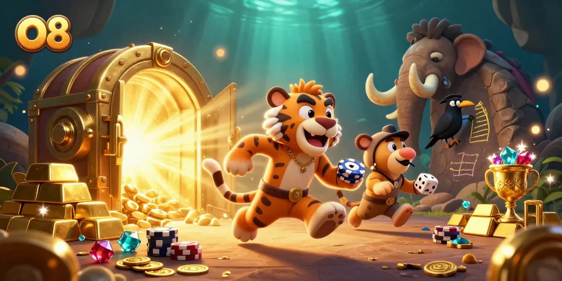 Spin the reels and win at O8's vibrant prehistoric casino featuring gold treasures.