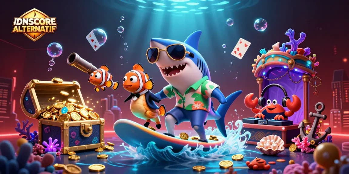 Engaging IDNSCORE ALTERNATIF illustration featuring a shark surfing gold coins amidst vibrant casino elements.