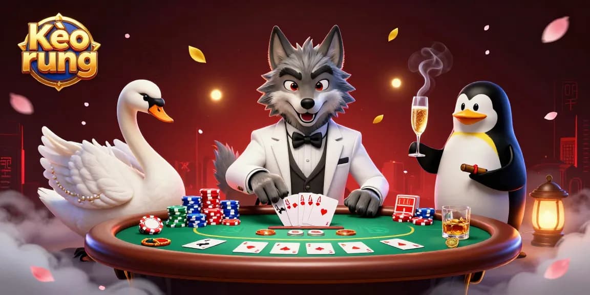 Kèo rung card dealing action in a vibrant casino scene with a debonair wolf, elegant swan, and penguin sommelier.