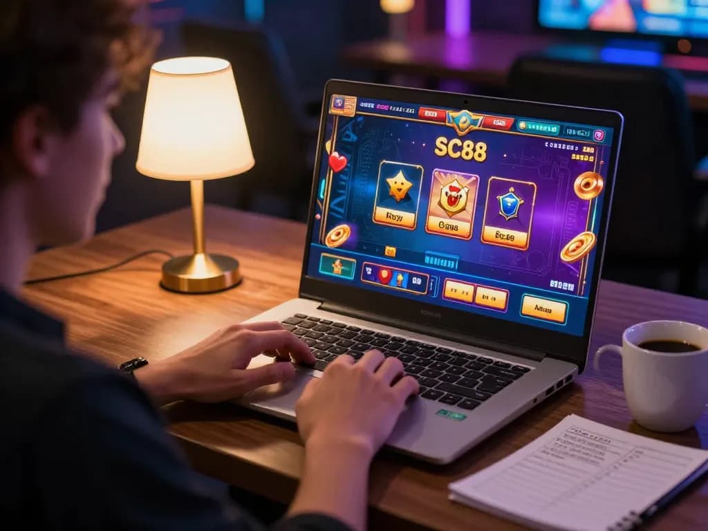 Player engaging with game sc88 on laptop in a cozy home gaming setup, with vibrant online casino visuals