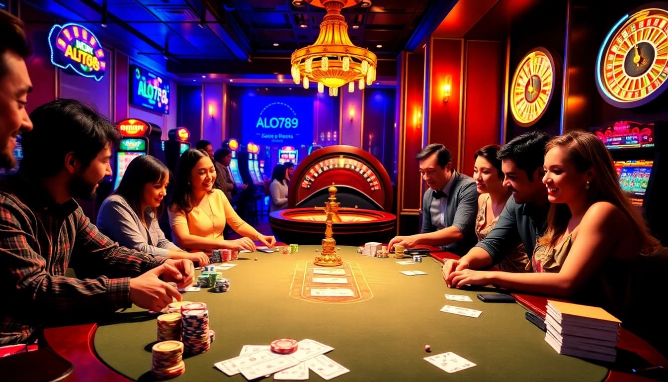 Play exciting poker at ALO789 casino with vibrant chips and thrilling atmosphere.