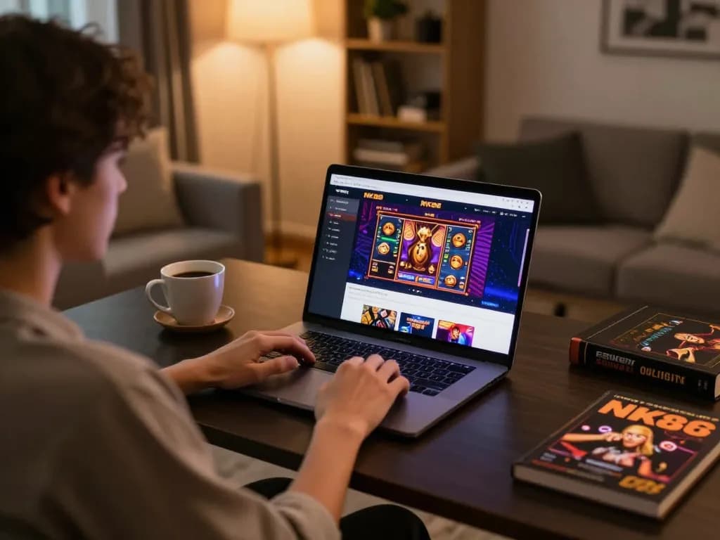 Engaging player exploring NK88 online casino interface on a sleek laptop in a cozy home atmosphere.