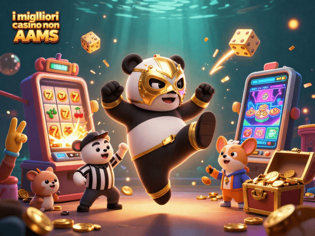 Scopri i migliori casino non AAMS con un panda lottatore e divertenti elementi di gioco in una scena colorata.