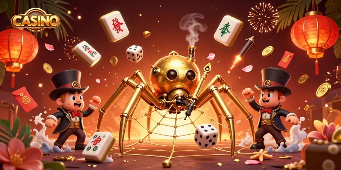 Engaging CASINO illustration featuring a steampunk spider and gaming elements.