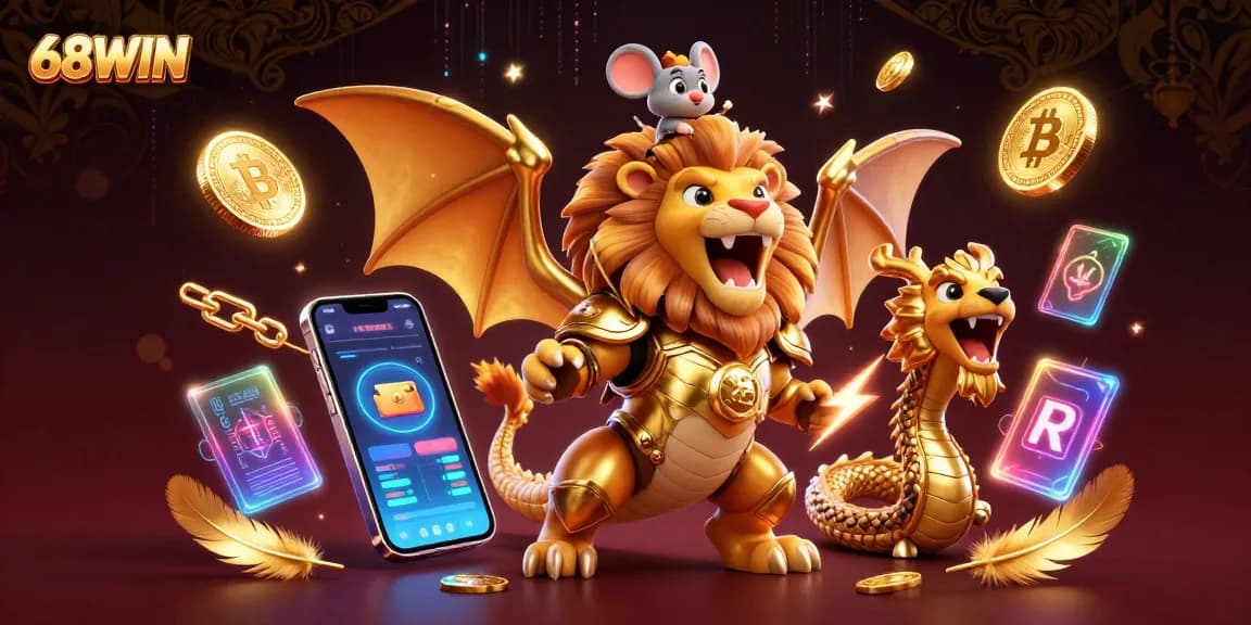 Experience thrilling wins with 68WIN's dynamic games in this vibrant casino illustration.