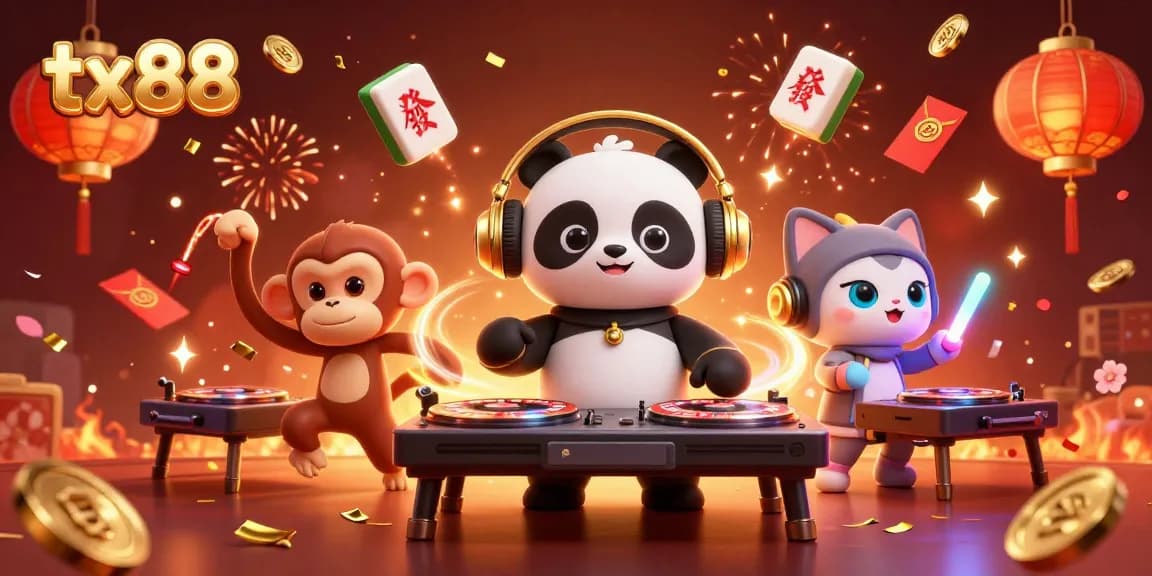 tx88 gaming scene with DJ panda, dancing monkey, and rave kitten amidst casino elements