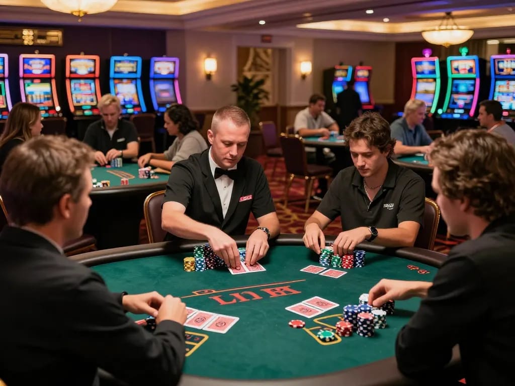Players strategizing at a fly88 blackjack table amid vibrant casino lights.