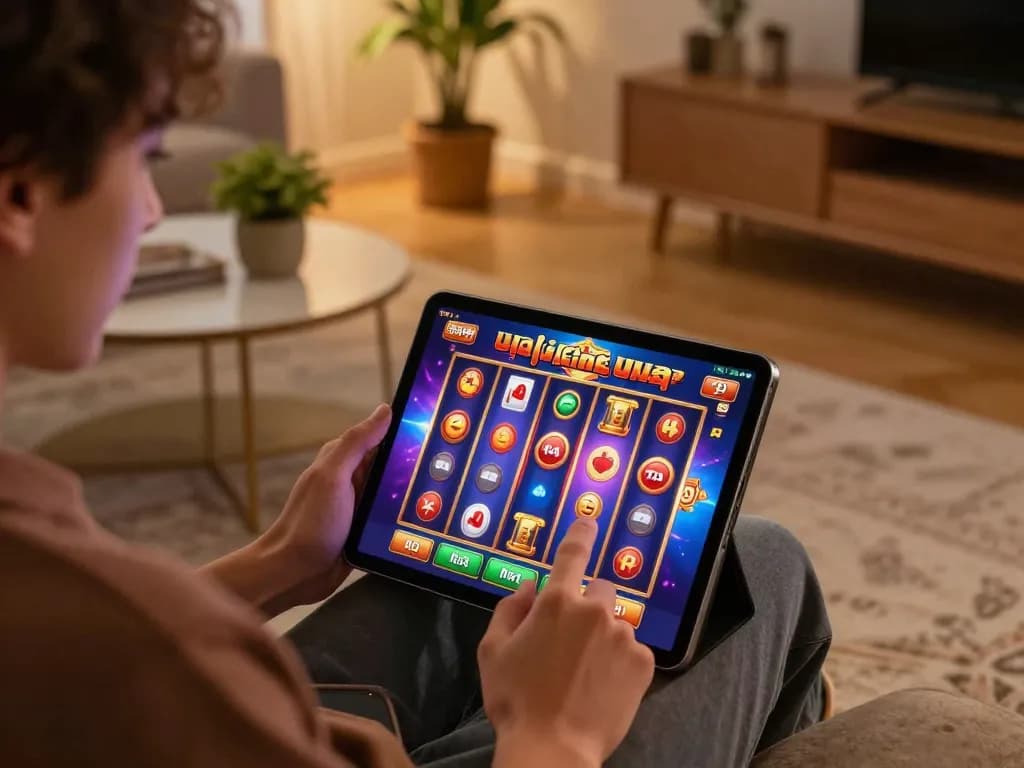 Experience thrilling gtatoto gameplay with a player immersed in exciting online slot gaming on their tablet at home.