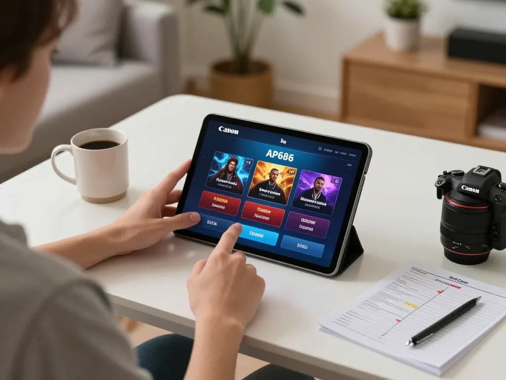 Pemain menikmati aplikasi kasino ap686 di tablet dalam pengaturan rumah yang nyaman, mempromosikan permainan yang bertanggung jawab.