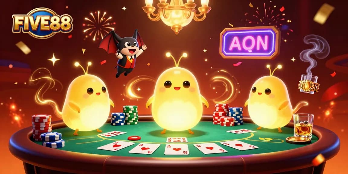 Engage with poker action at FIVE88, featuring lively glowworms illuminating a vibrant casino scene.