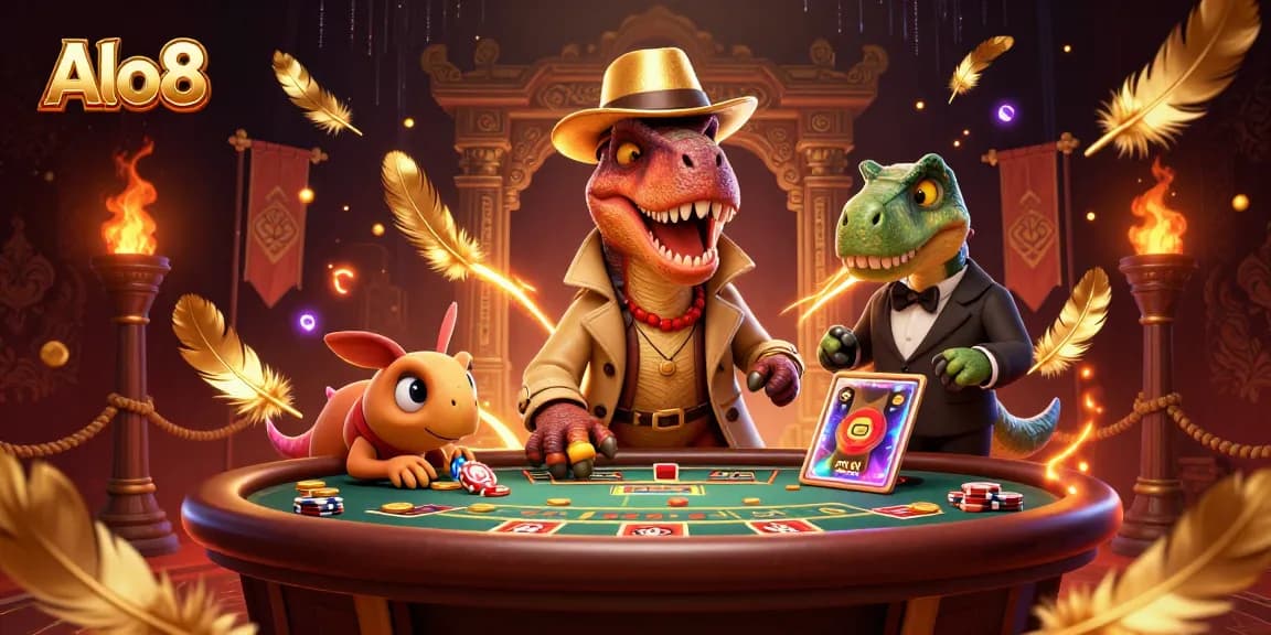 Alo8 velociraptor card counter at blackjack with stegosaurus pit boss, dynamic casino scene