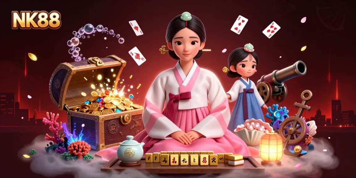 Experience the thrilling world of NK88 as elegant Asian woman enjoys Mahjong beside treasures in a vibrant casino.