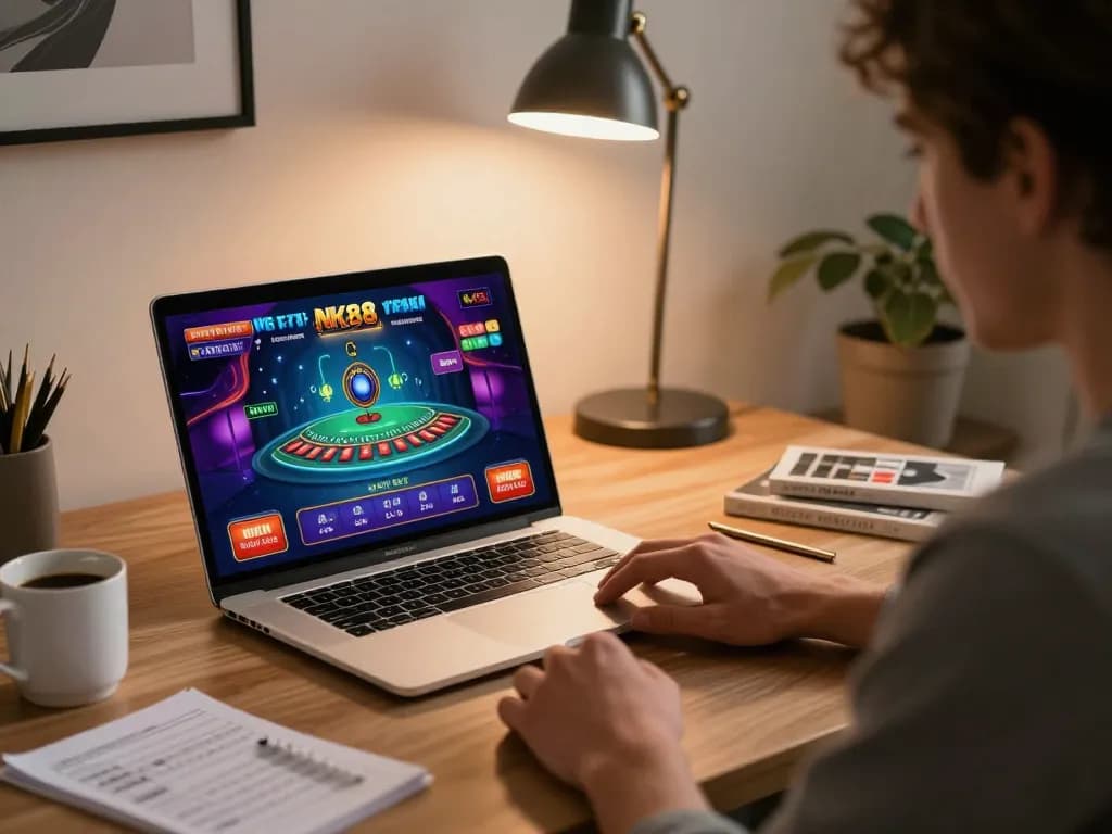 Engaging in live dealer blackjack on NK88 casino interface from a stylish home setup