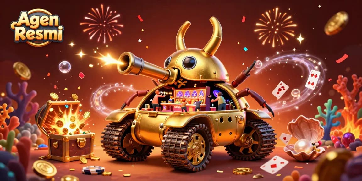 Agen Resmi showcases a dynamic casino scene with golden beetle tank amidst vibrant gaming elements.