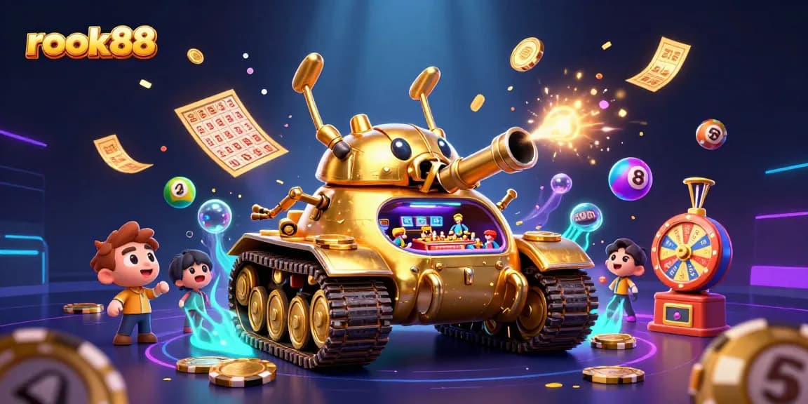 Engage with rokok88's vibrant casino illustration featuring a golden beetle tank and dynamic lottery elements.