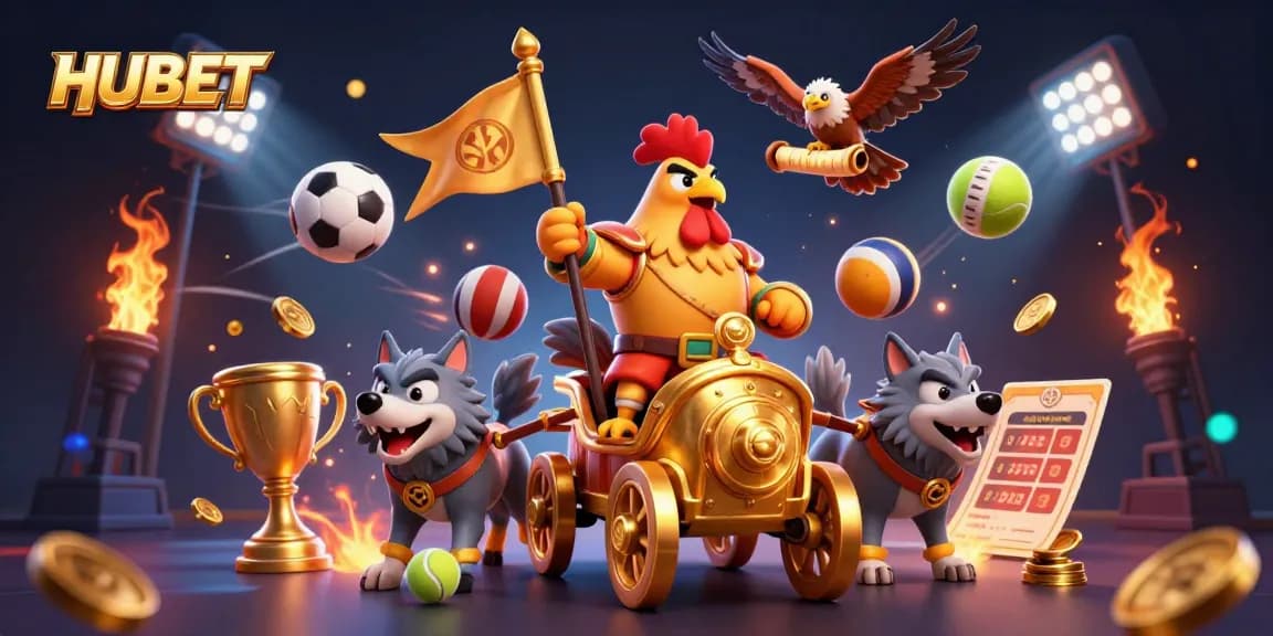 HUBET offers dynamic sports and casino gameplay with a cartoon rooster warlord leading the action.
