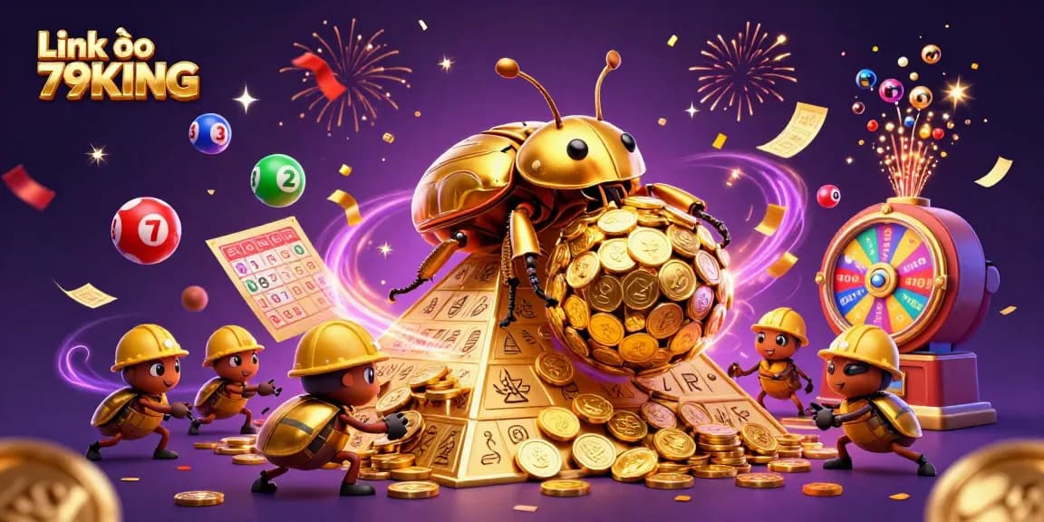 Engage in excitement with Link vào 79KING, featuring a golden beetle and colorful lottery balls in dynamic motion.