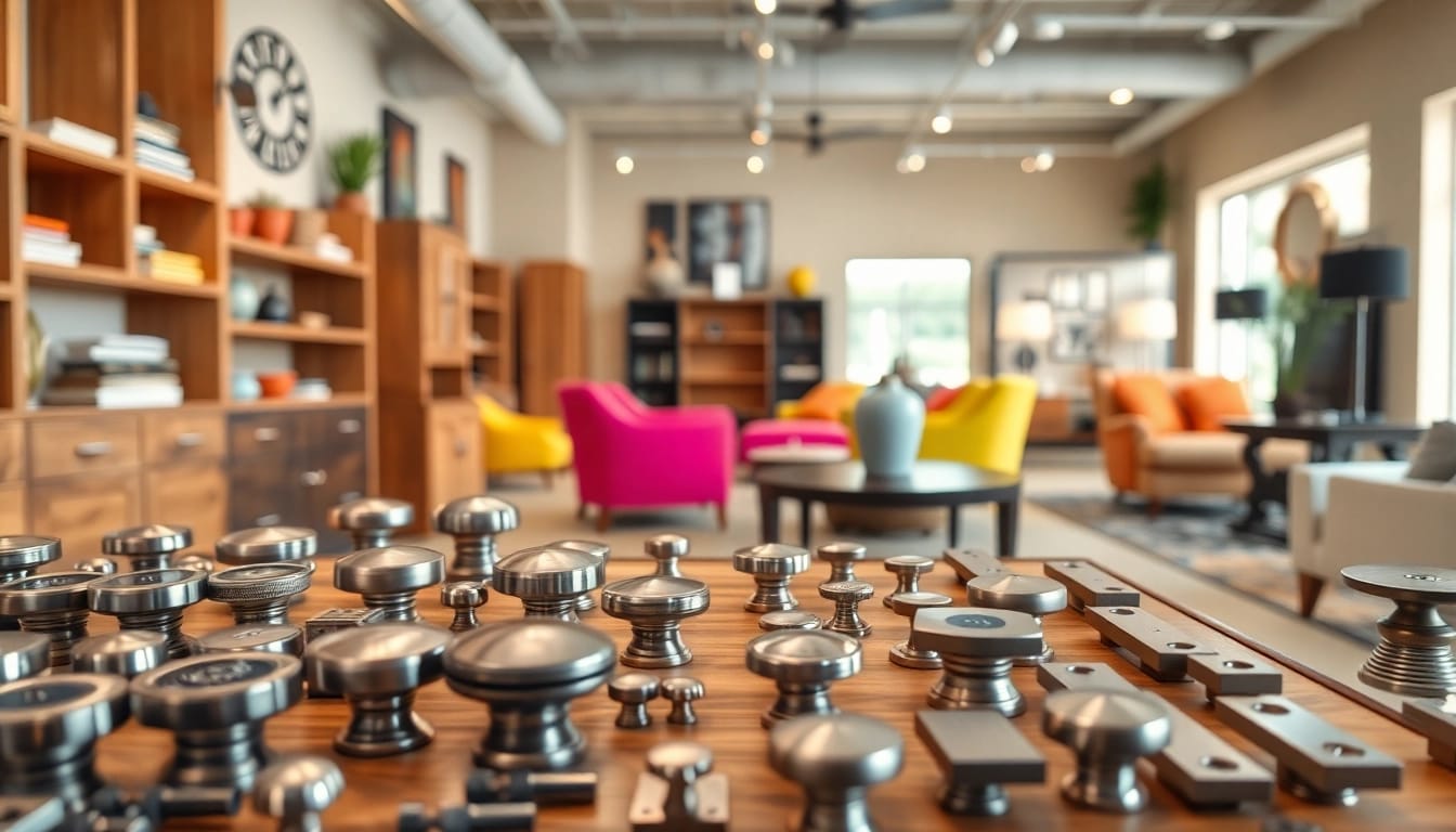 Showcase of furniture hardware supplier's products emphasizing quality craftsmanship and design.