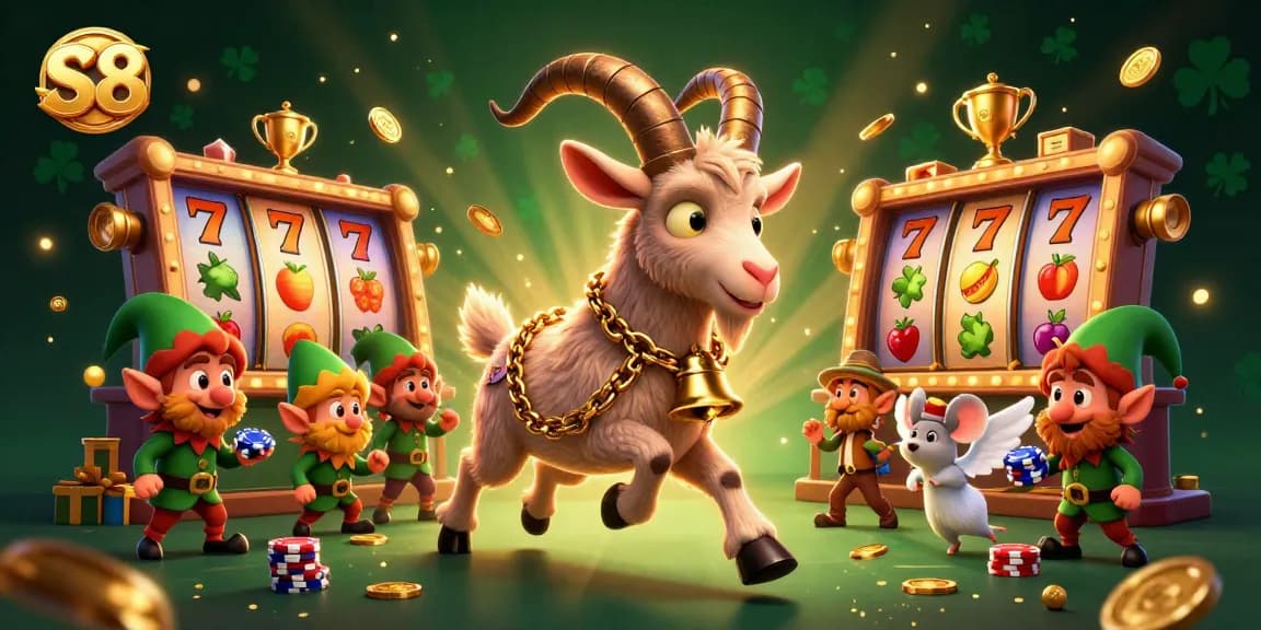 Experience thrilling gaming action with S8's Krampus-themed casino scene filled with slot games and mischief.