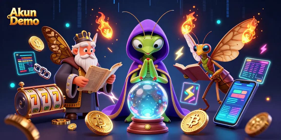 Experience winning with Akun Demo for online slots, featuring vibrant animated characters and crypto elements.