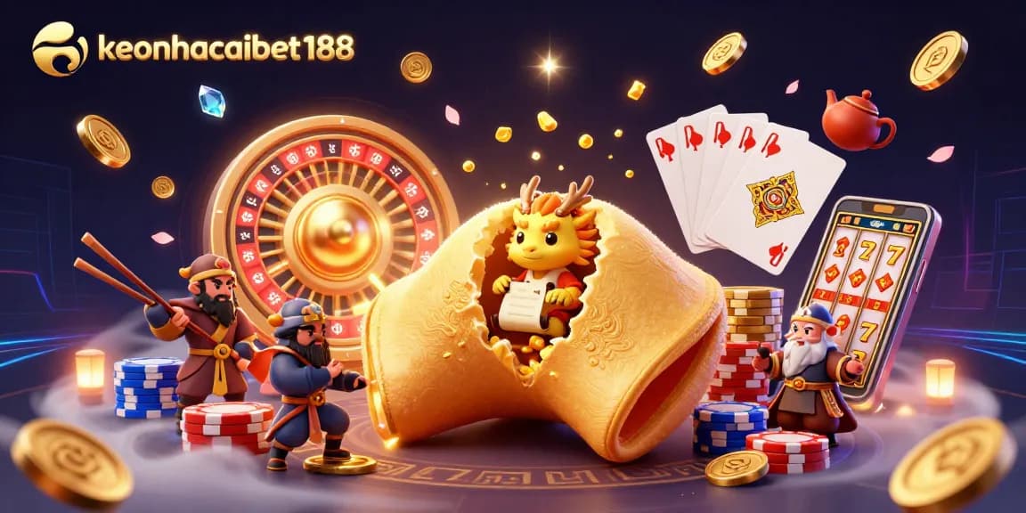 Engage with keonhacaibet188's vibrant gaming scene featuring a lucky dragon and golden treasures.