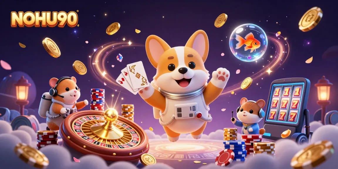 Experience the thrilling NOHU90 gameplay as a floating corgi astronaut navigates a vibrant casino world.