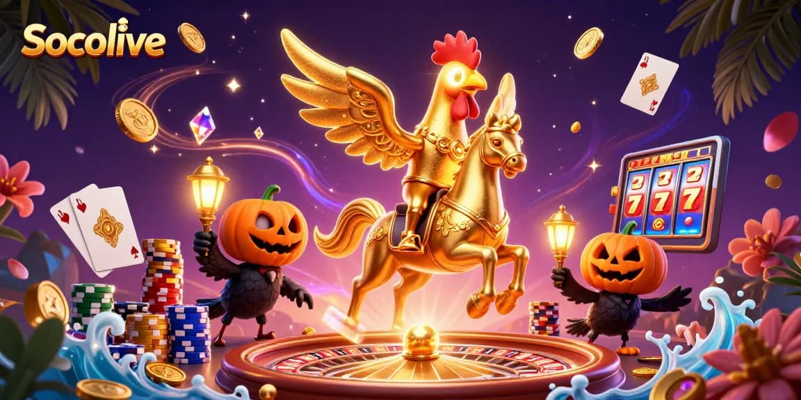 Socolive features an enchanting illustration depicting a golden rooster riding through a vibrant casino with dynamic game elements, showcasing excitement.