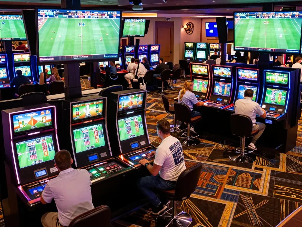Engaged sports fans betting on World Cup 2026 matches at an upscale casino.